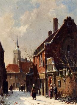 阿德裡亞努斯 埃沃森 Figures In The Streets Of A Dutch Town In Winter